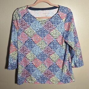Talbots Patchwork Floral 3/4 Sleeve Top | Petite‎ Medium